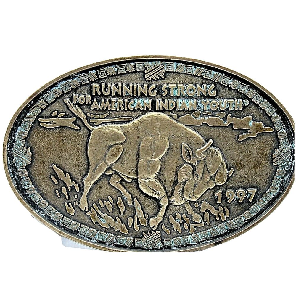 Vintage Native American Indian Youth Belt Buckle 1997 Buffalo Running Strong